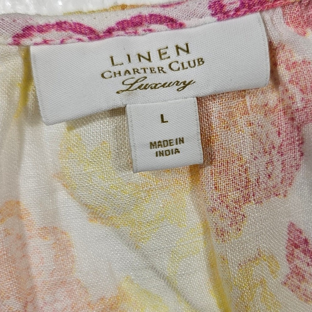 Charter Club Luxury Womens Lg Linen Floral Tie Front V-Neck Blouse Pink Yellow - Picture 4 of 7